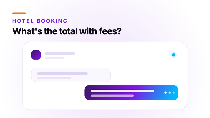 Orvera cover artwork showing a chat panel with a guest message and a gradient reply bubble still typing, under the caller line What's the total with fees?