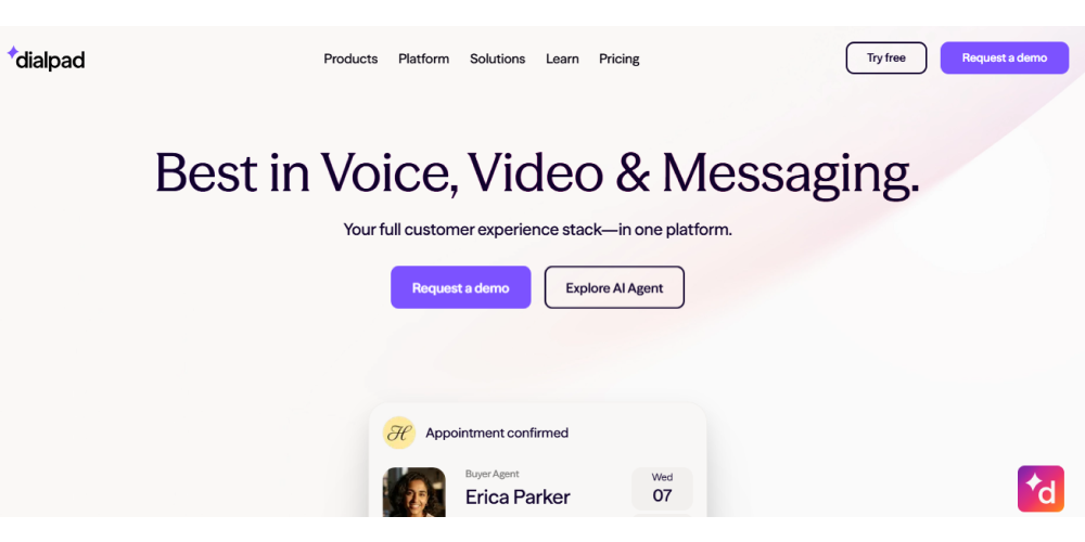 Dialpad homepage image showing agentic AI customer experience platform, demo CTAs, and appointment confirmation workflow.