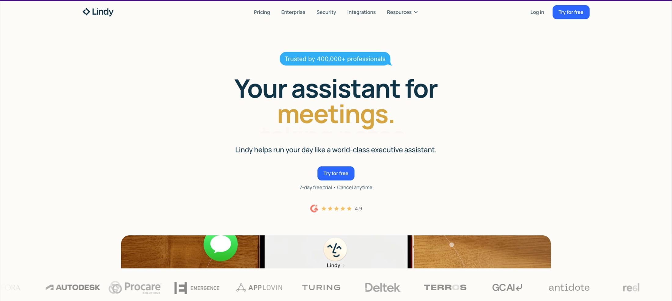 Lindy AI assistant platform showing meeting scheduling, executive assistant workflows, productivity automation, and customer logos for business task management.