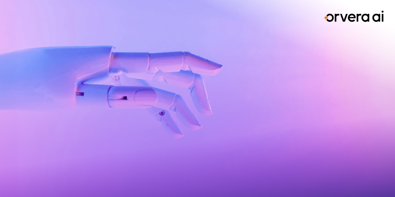 Minimal robotic hand illustration on a purple gradient background representing AI-powered automation and intelligent contact center technology.