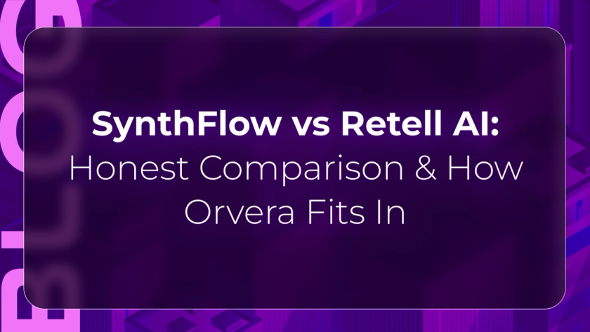 Orvera blog thumbnail comparing SynthFlow and Retell AI across conversational AI workflows, AI voice automation, pricing models, and enterprise contact center operations.