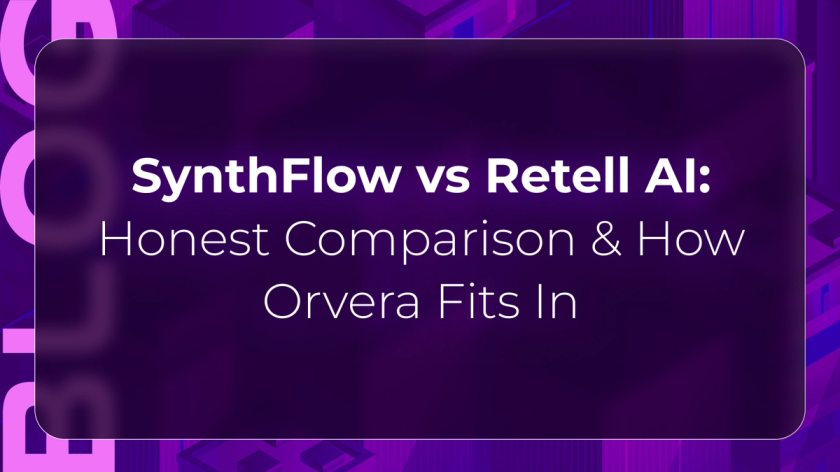 Orvera blog thumbnail comparing SynthFlow and Retell AI across conversational AI workflows, AI voice automation, pricing models, and enterprise contact center operations.