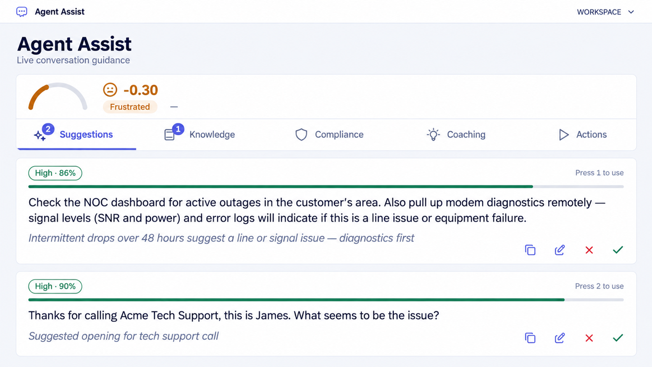 Orvera Agent Assist sidebar showing troubleshooting suggestions, confidence labels, feedback controls, and demo customer sentiment scores.