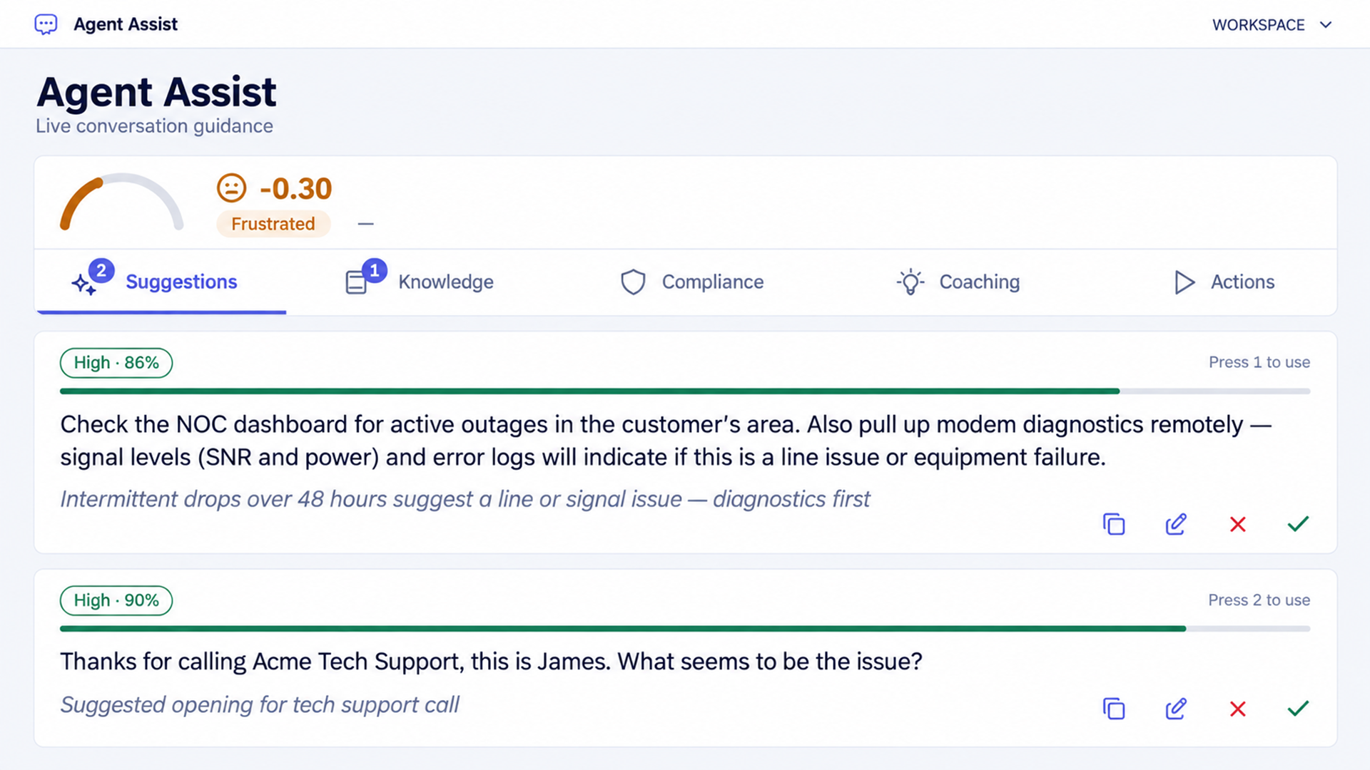 Orvera Agent Assist sidebar showing troubleshooting suggestions, confidence labels, feedback controls, and demo customer sentiment scores.