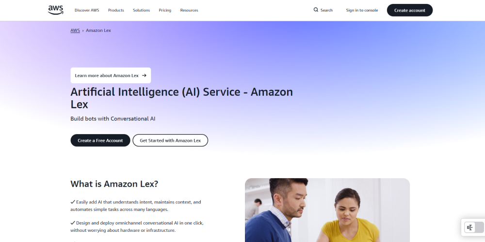 Screenshot of Amazon Lex’s website used in a conversational AI platform comparison, showing AWS conversational AI tools for building voice and chat interfaces.