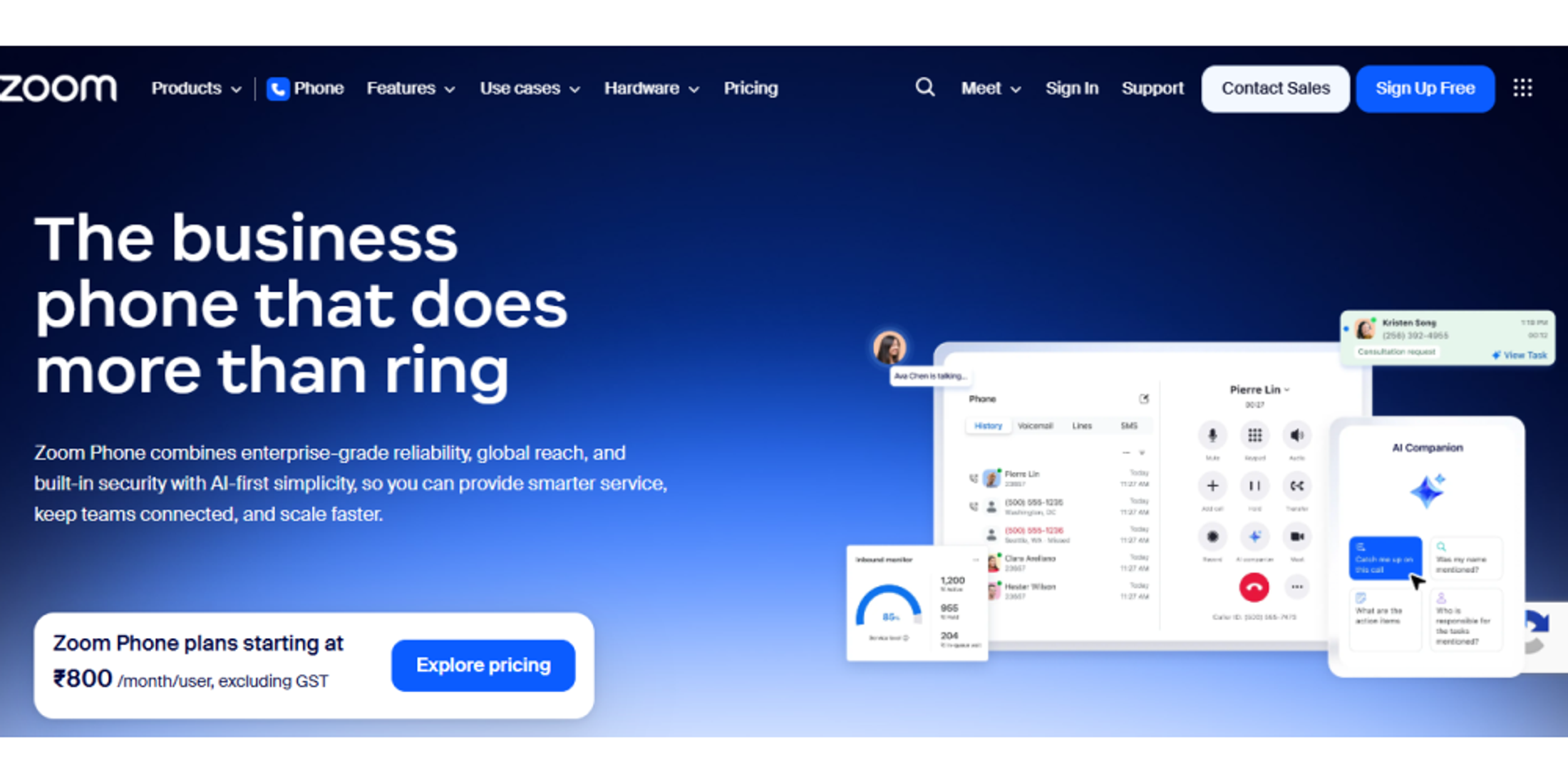 Zoom Phone homepage image showing business phone platform, AI Companion, pricing CTA, uptime SLA, and Gartner trust signals.