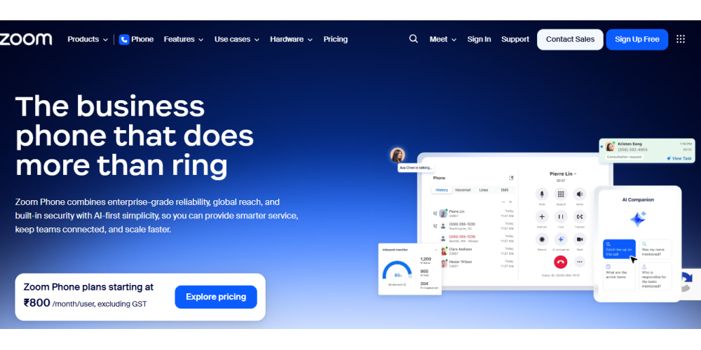 Zoom Phone homepage image showing business phone platform, AI Companion, pricing CTA, uptime SLA, and Gartner trust signals.