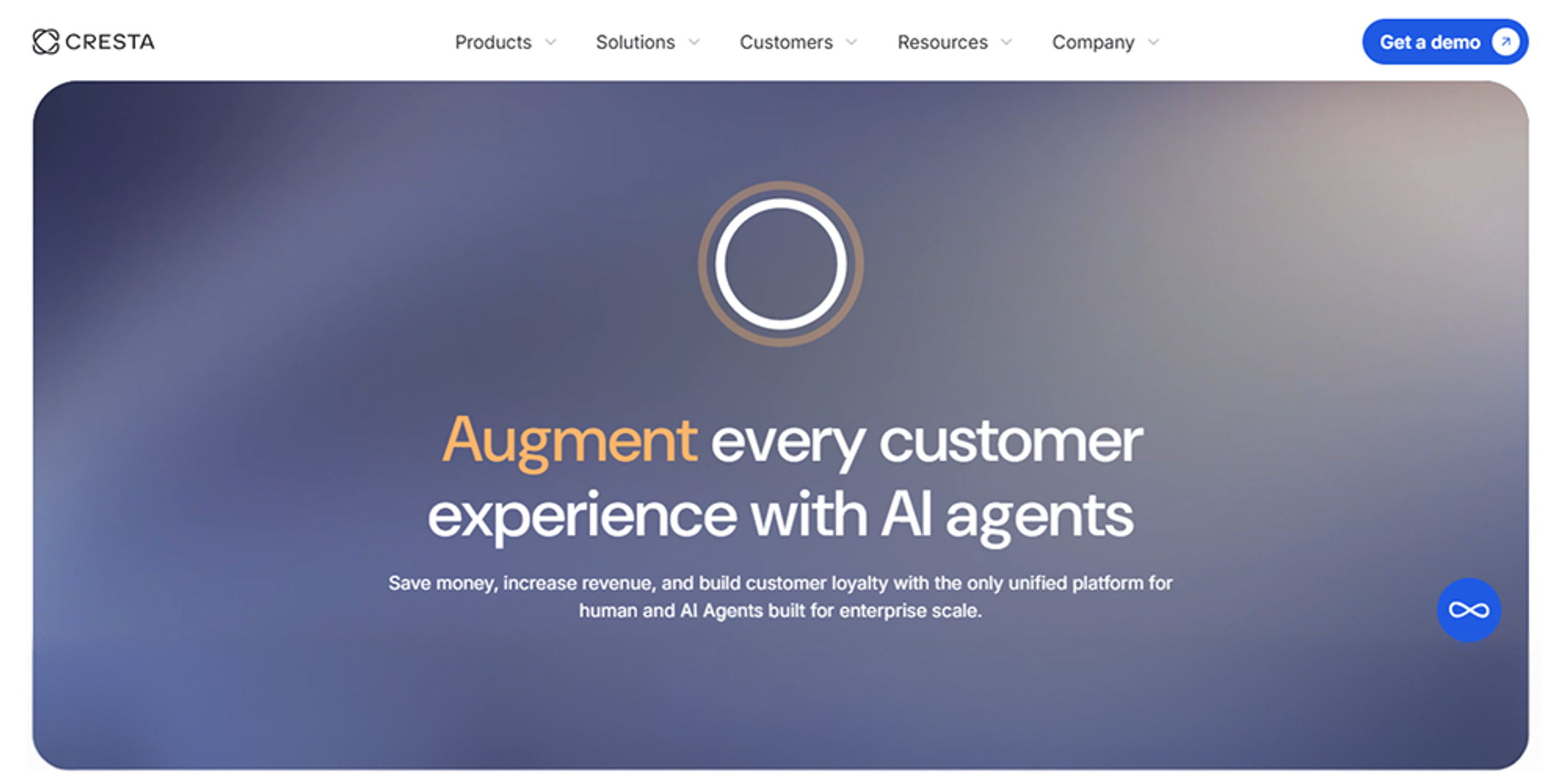 Cresta homepage screenshot showing AI agent assistance, real-time coaching, conversation analytics, and performance improvement.
