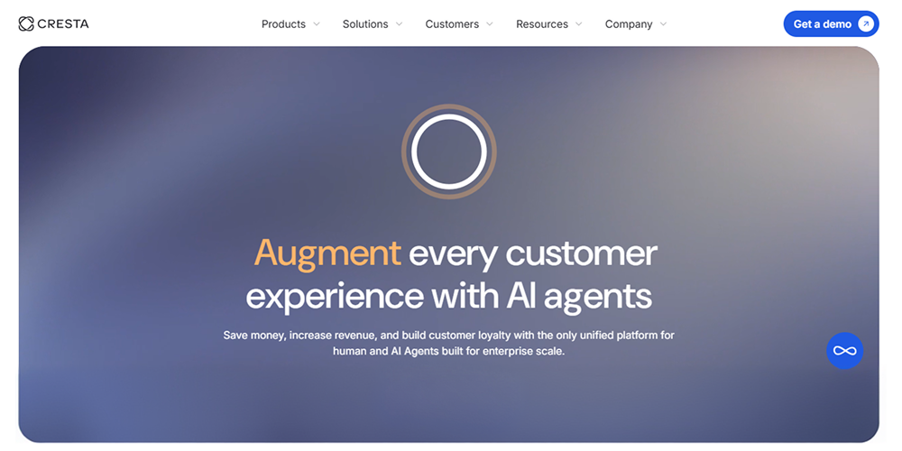 Cresta homepage screenshot showing AI agent assistance, real-time coaching, conversation analytics, and performance improvement.