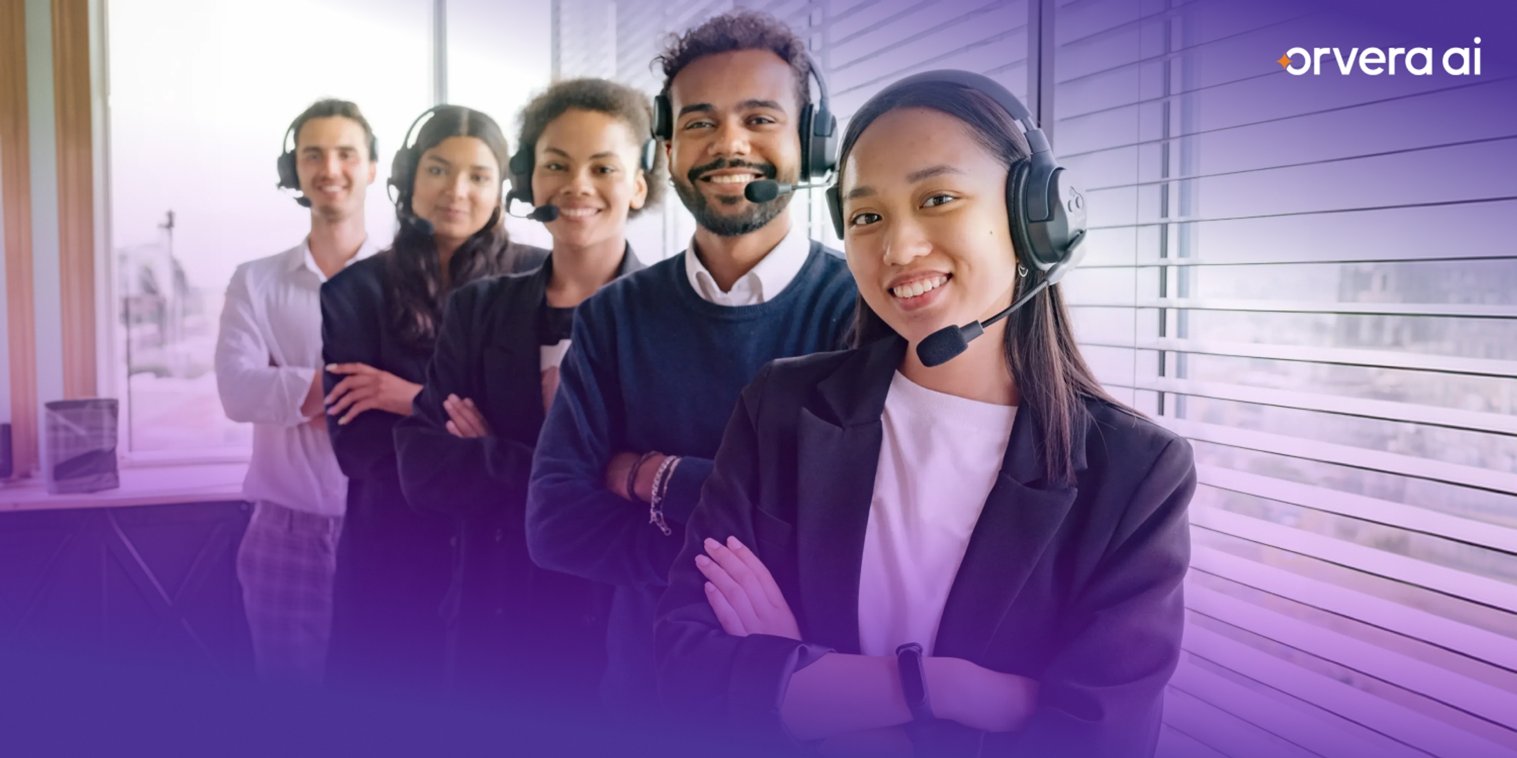 Orvera customer support team wearing headsets and standing together in a modern contact center environment focused on customer experience and collaboration.