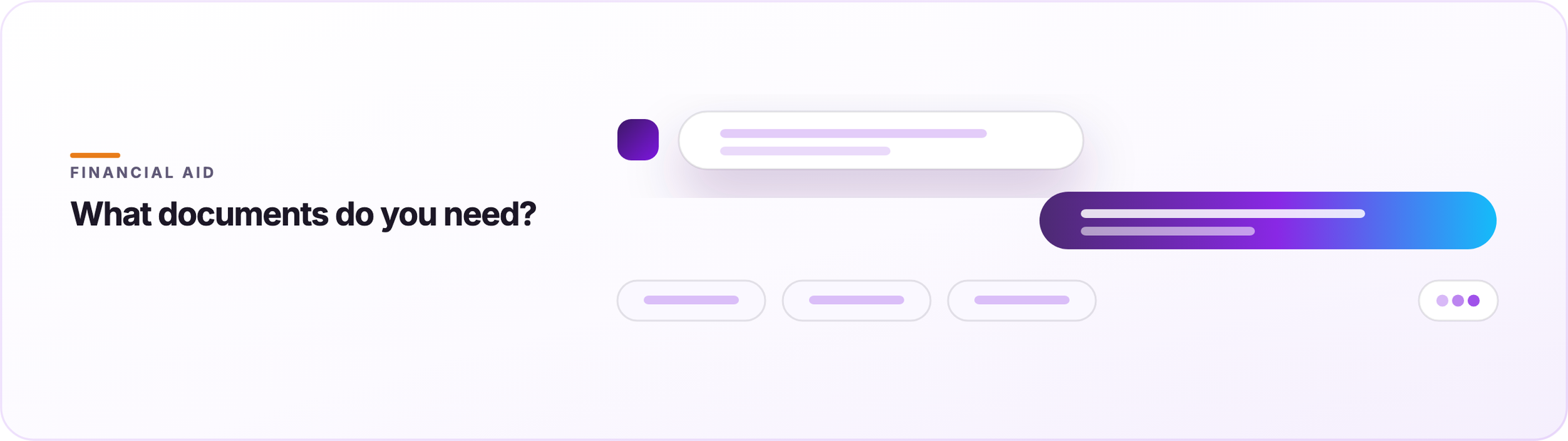 Orvera financial aid graphic captioned "What documents do you need?", above a conversation thread with an inbound bubble and a gradient reply.