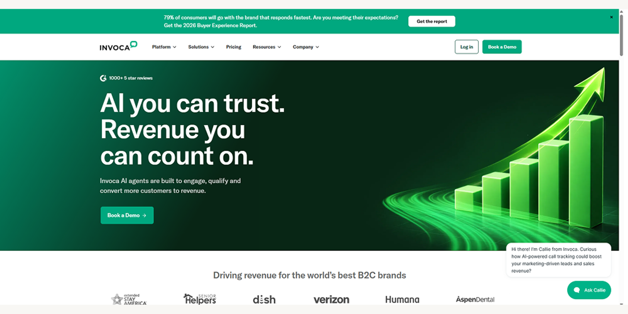 Invoca homepage showcasing AI-powered revenue generation, conversation intelligence, customer engagement, and conversion analytics.