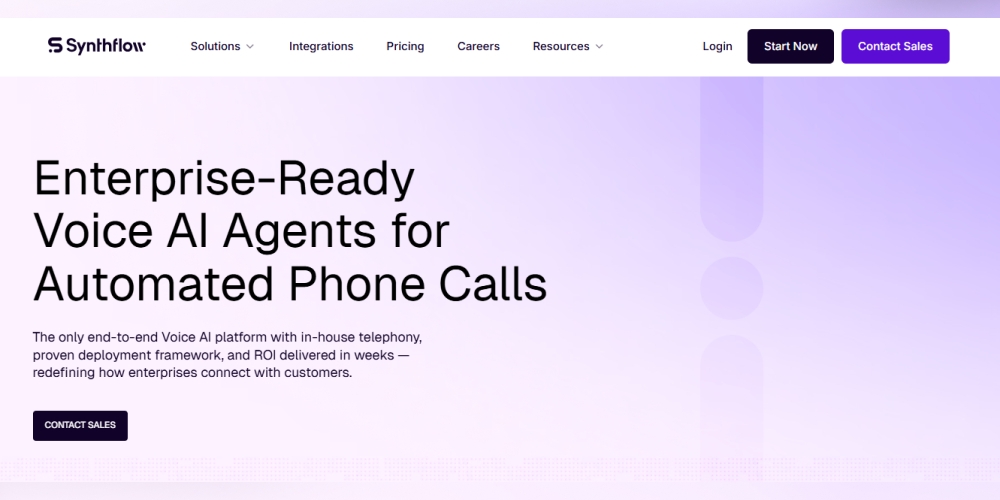 Synthflow voice AI platform for building enterprise call workflows with telephony options and configurable automation.