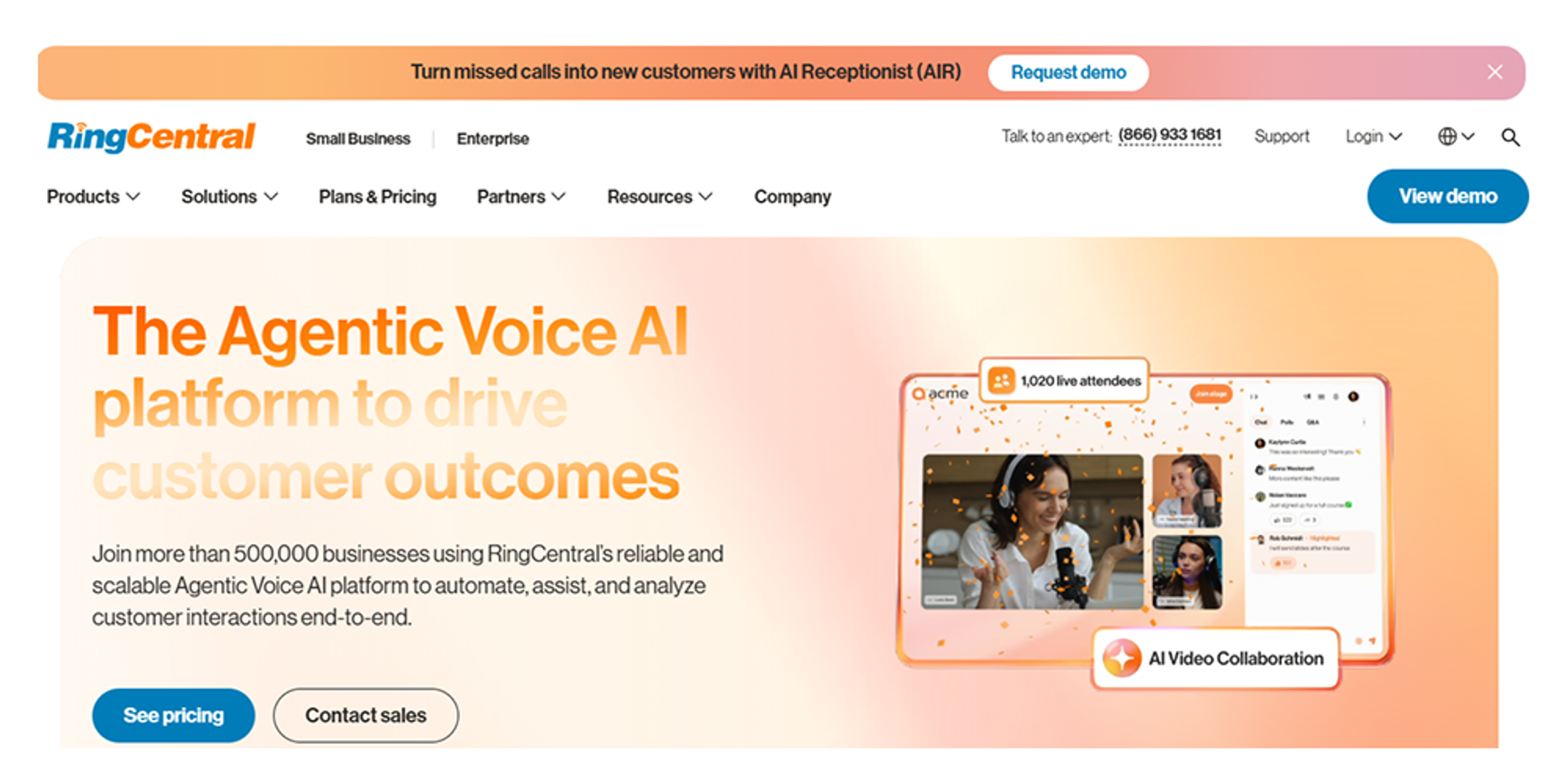 RingCentral homepage image showing AI receptionist messaging, business voice platform, demo CTA, and enterprise customer logos.