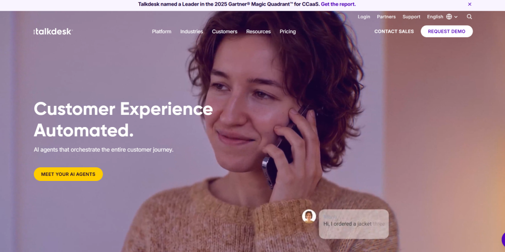 Talkdesk homepage highlighting AI agents that automate customer journeys, with enterprise contact center solutions and CX automation.