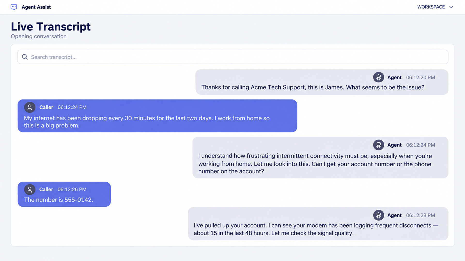 Orvera AI Agent Assist live transcript showing a customer reporting repeated internet drops and the support agent reviewing account history.