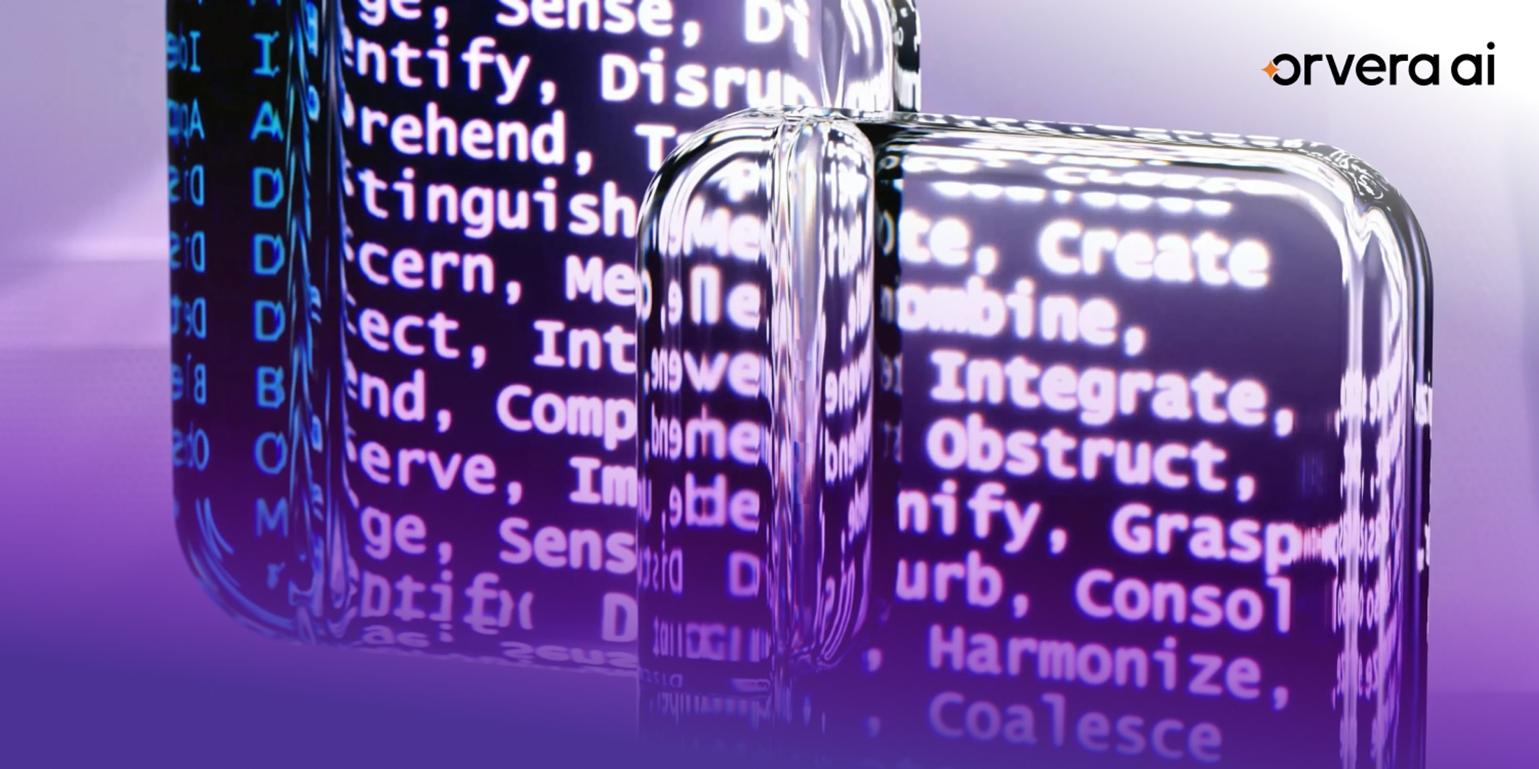 Abstract AI technology graphic with glowing text blocks and machine learning keywords, representing contact center automation and conversational AI systems.
