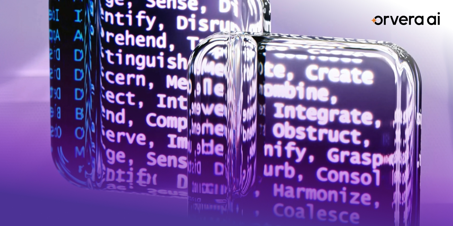 Abstract AI technology graphic with glowing text blocks and machine learning keywords, representing contact center automation and conversational AI systems.