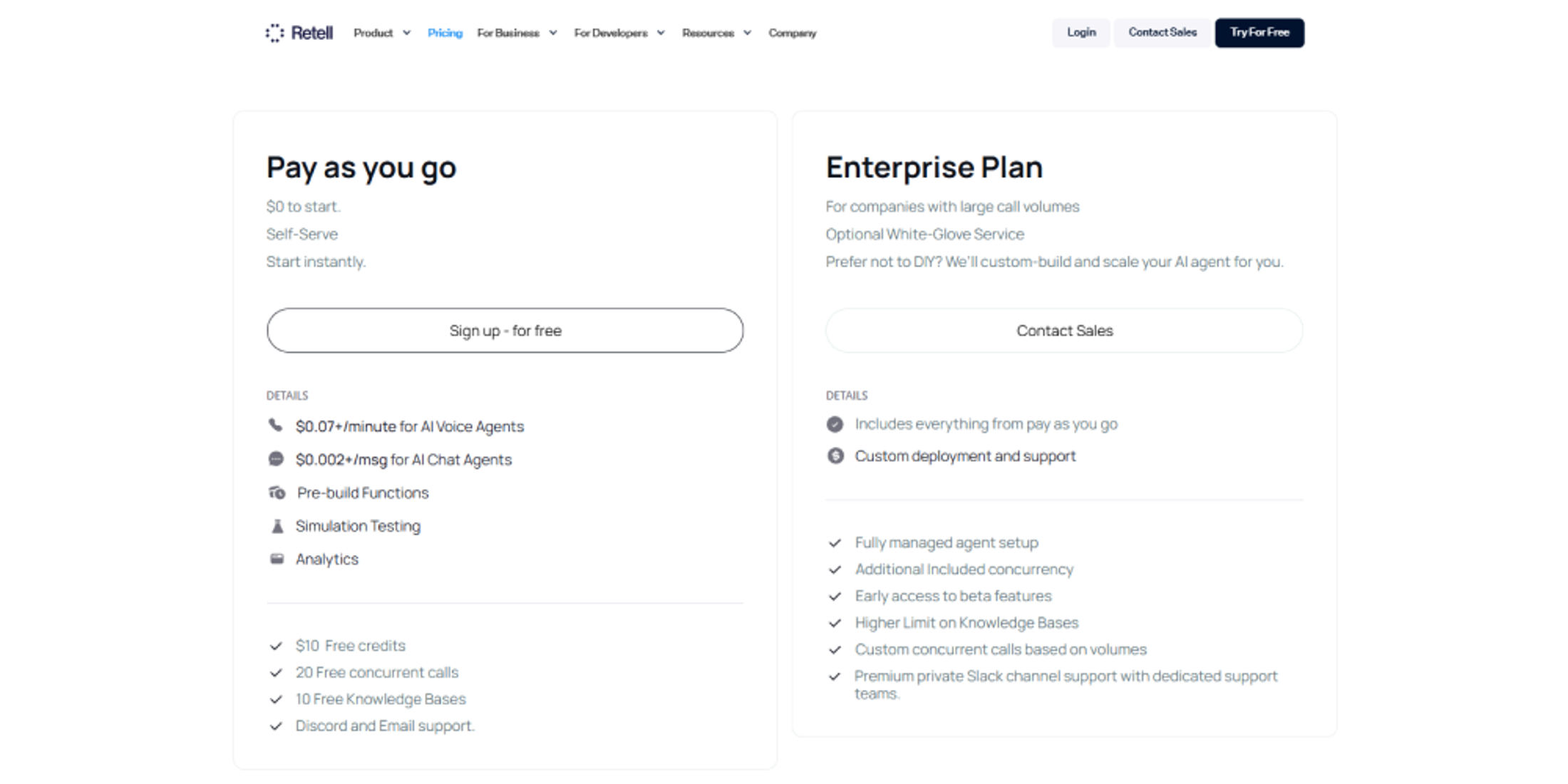 Retell AI pricing page showing pay-as-you-go and enterprise plan options, usage-based AI voice agent pricing, concurrency limits, analytics, simulation testing, and custom deployment support.