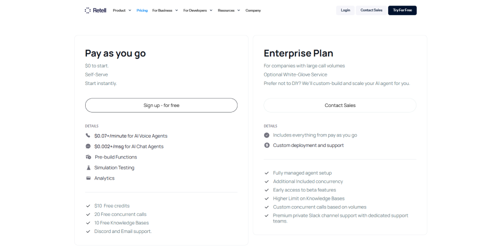 Retell AI pricing page showing pay-as-you-go and enterprise plan options, usage-based AI voice agent pricing, concurrency limits, analytics, simulation testing, and custom deployment support.