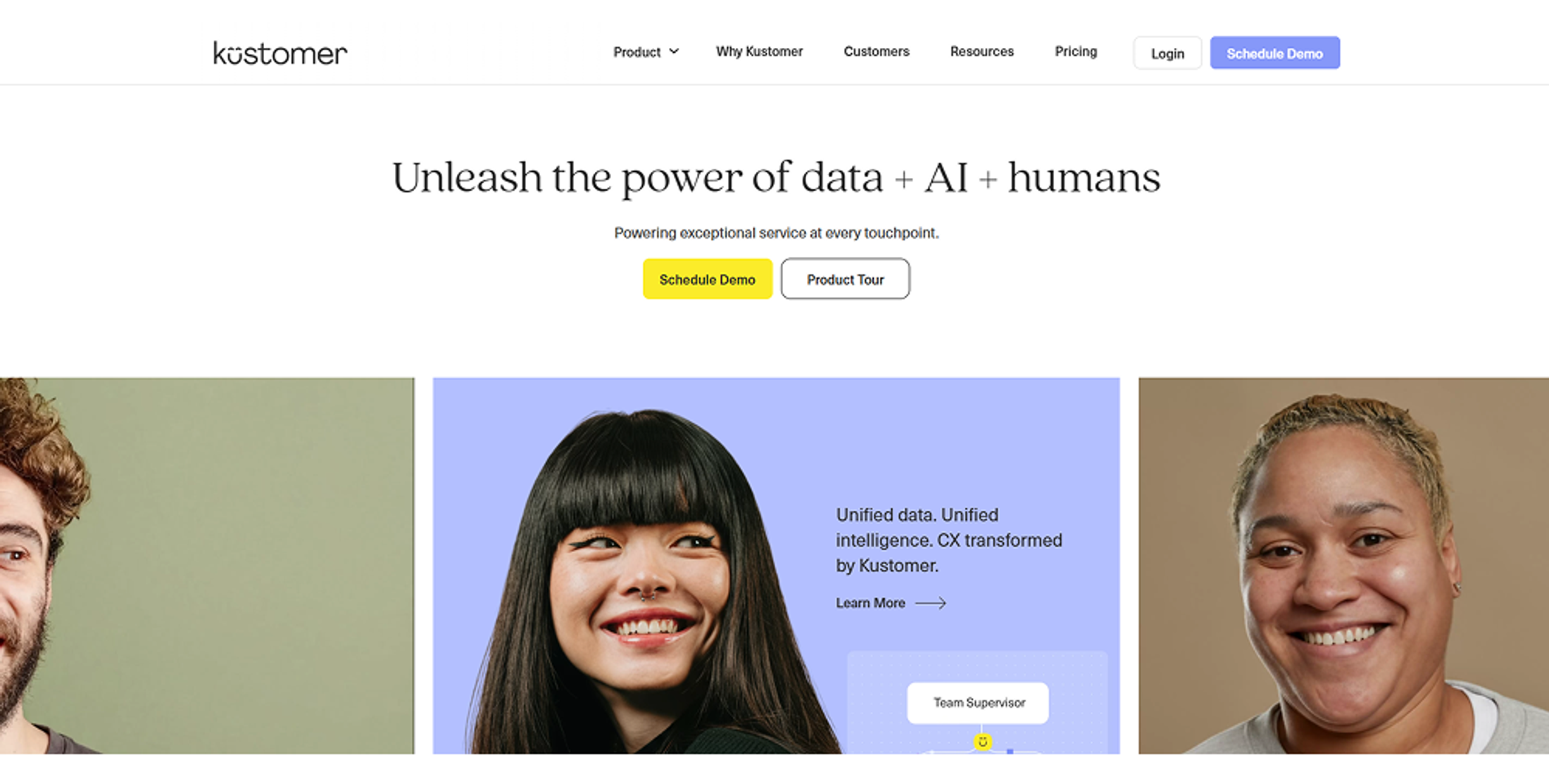 Kustomer AI homepage screenshot showing CRM-native support automation with customer context, service workflows, and AI assistance.