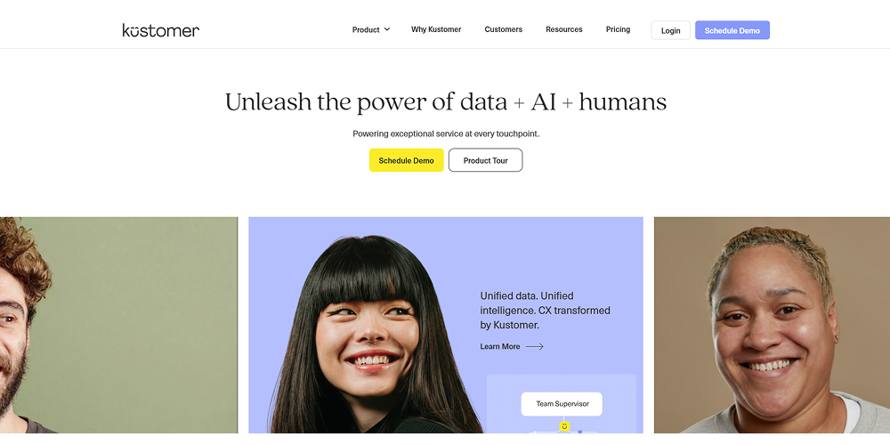 Kustomer AI homepage screenshot showing CRM-native support automation with customer context, service workflows, and AI assistance.