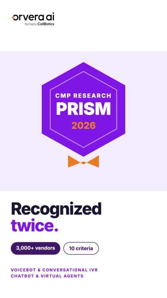 Vertical Orvera AI thumbnail with the headline "Recognized twice." and a purple hexagon award badge reading CMP Research Prism 2026.