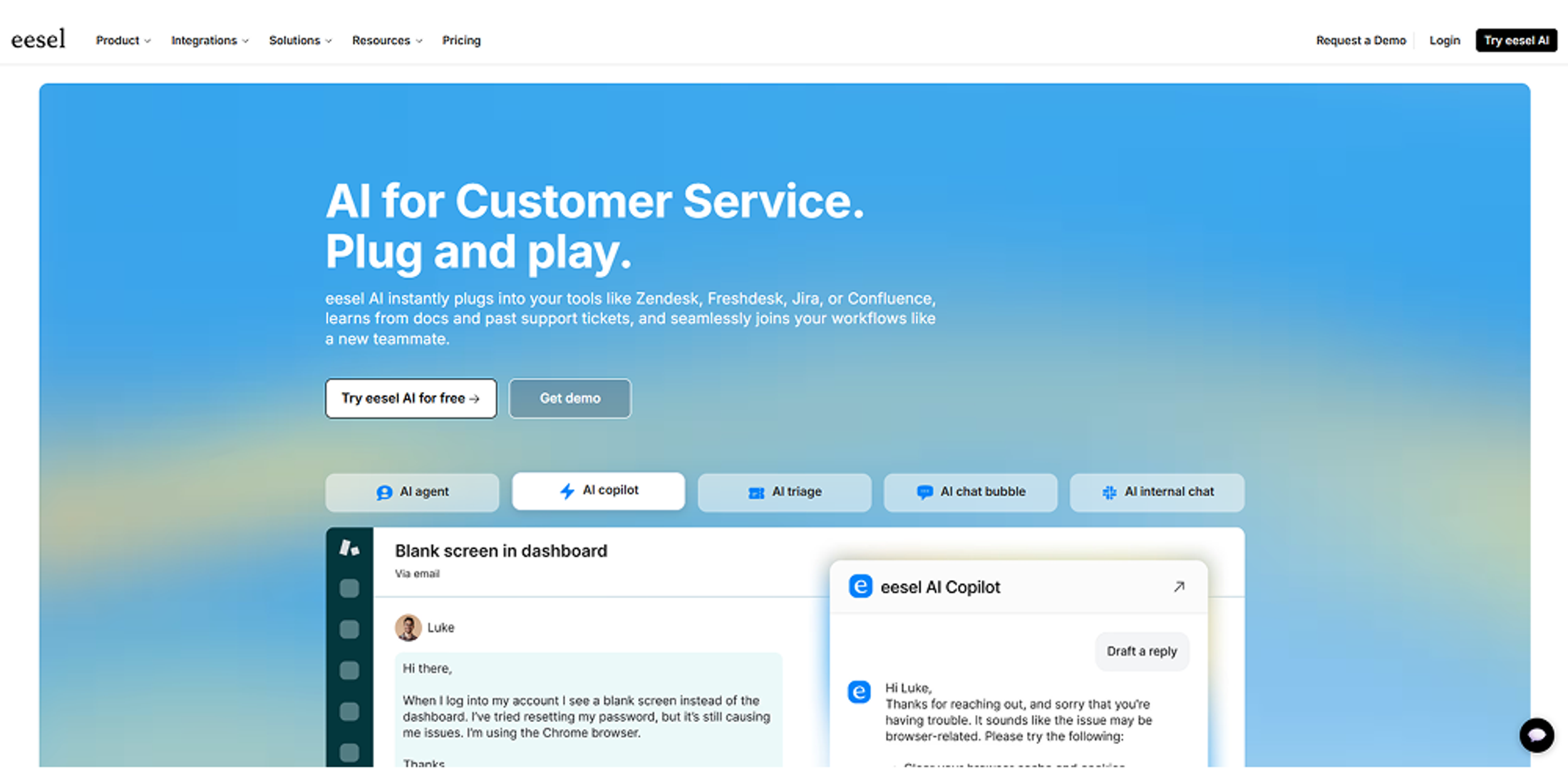 Eesel homepage screenshot showing AI support automation using help center content, documentation, and fast knowledge-based deployment.