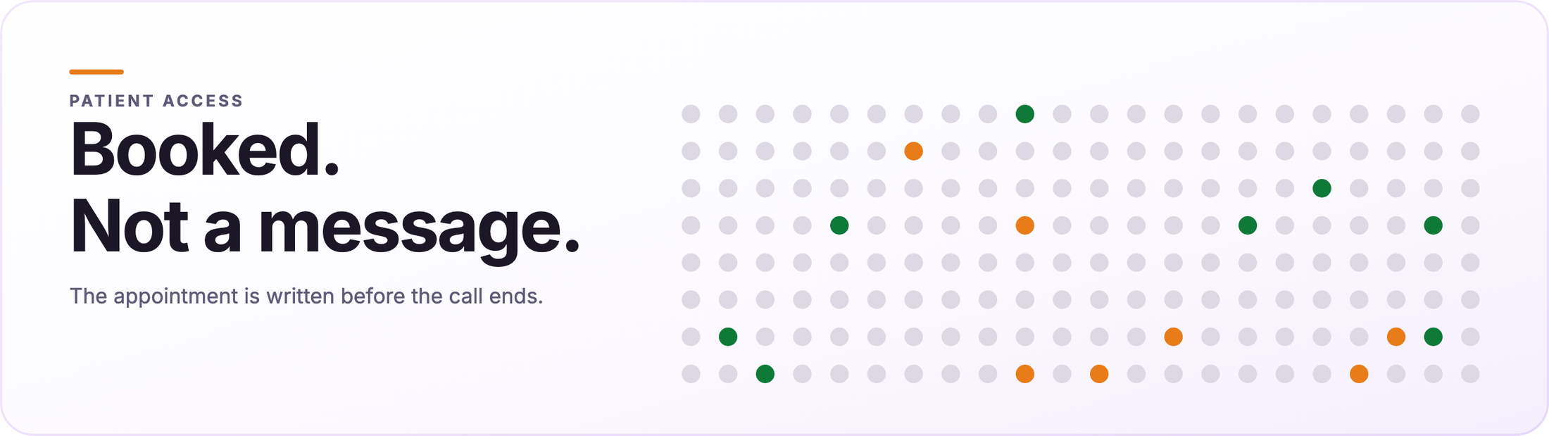 Orvera patient access graphic reading "Booked. Not a message." beside a field of call dots with a few marked.