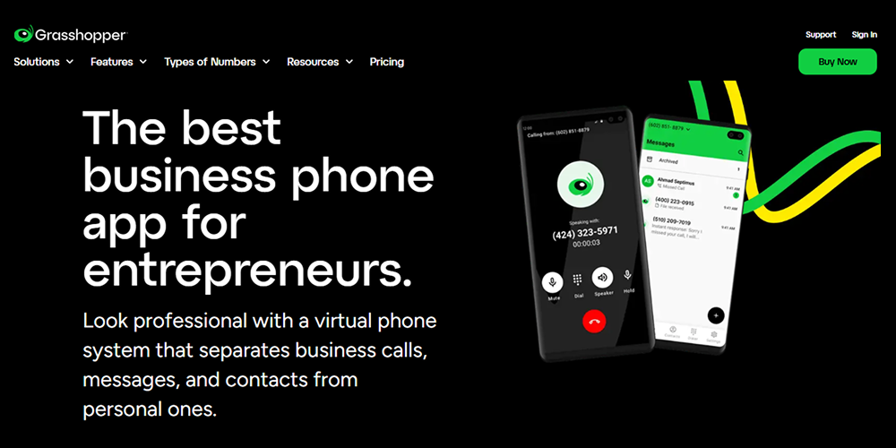 Grasshopper homepage image showing small business phone service, call forwarding, voicemail, and simple routing features.