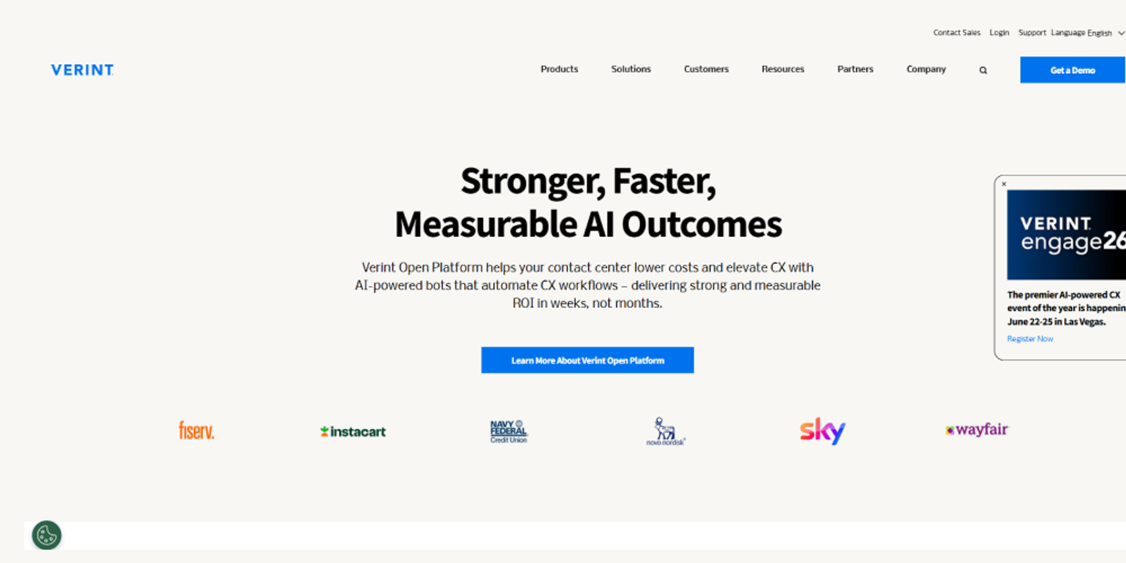 Verint homepage promoting measurable AI outcomes for contact centers, featuring automation workflows, CX optimization, and trusted brands.