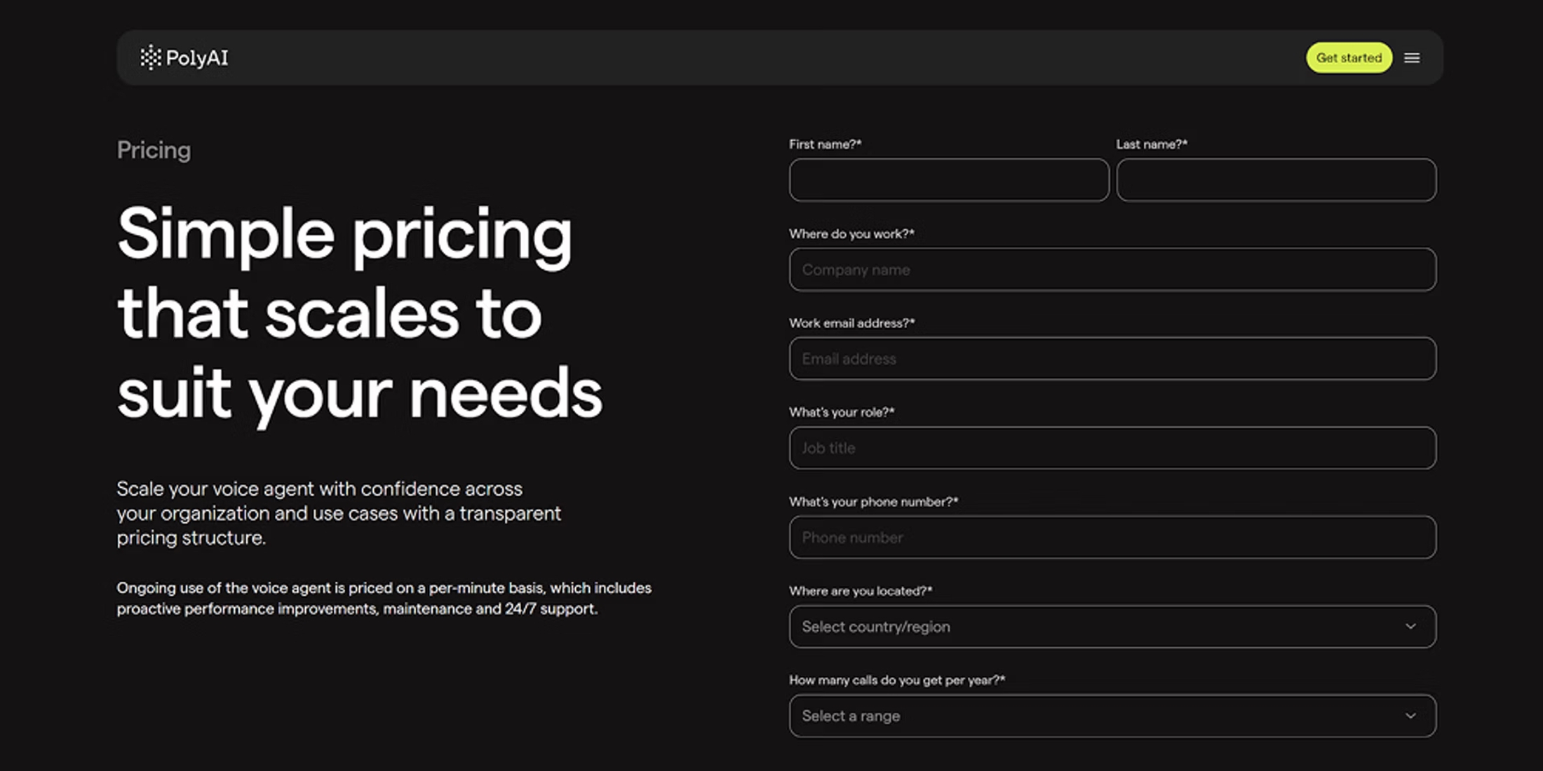 PolyAI pricing page showing enterprise voice AI pricing inquiry form, transparent usage-based pricing messaging, contact fields, and scalable customer service automation plans.