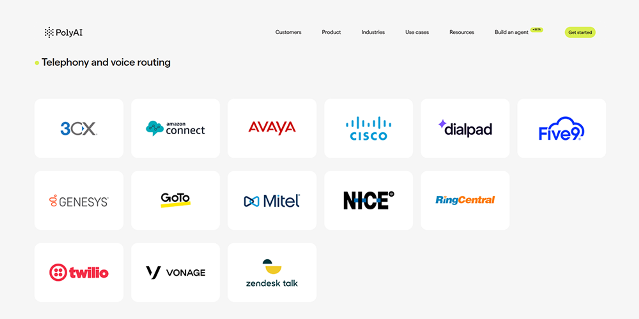 PolyAI telephony and voice routing integrations showing supported platforms including 3CX, Amazon Connect, Avaya, Cisco, Dialpad, Five9, Genesys, GoTo, Mitel, NICE, RingCentral, Twilio, Vonage, and Zendesk Talk.