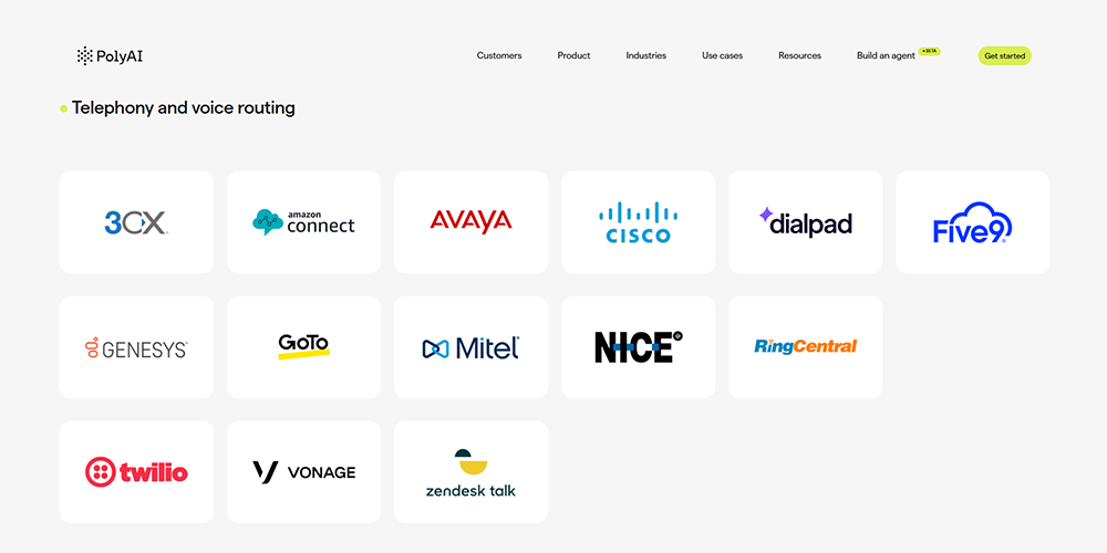 PolyAI telephony and voice routing integrations showing supported platforms including 3CX, Amazon Connect, Avaya, Cisco, Dialpad, Five9, Genesys, GoTo, Mitel, NICE, RingCentral, Twilio, Vonage, and Zendesk Talk.
