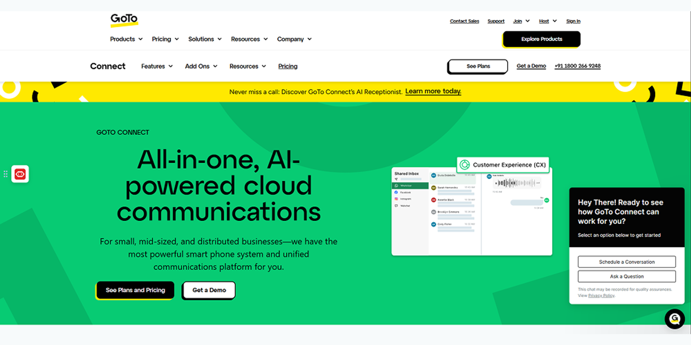 GoTo Connect homepage showing AI-powered cloud communications messaging, CX inbox preview, pricing CTA, and demo chat options.