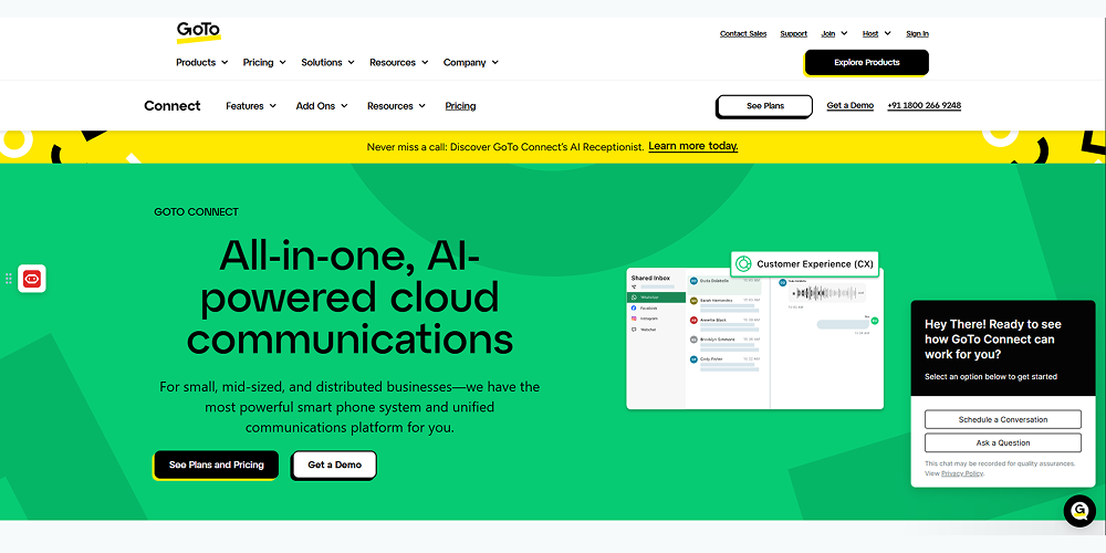GoTo Connect homepage showing AI-powered cloud communications messaging, CX inbox preview, pricing CTA, and demo chat options.