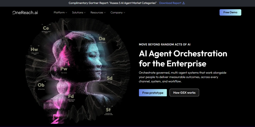 Screenshot of OneReach.ai’s website used in a conversational AI platform comparison, showing its AI agent orchestration and conversational workflow platform.