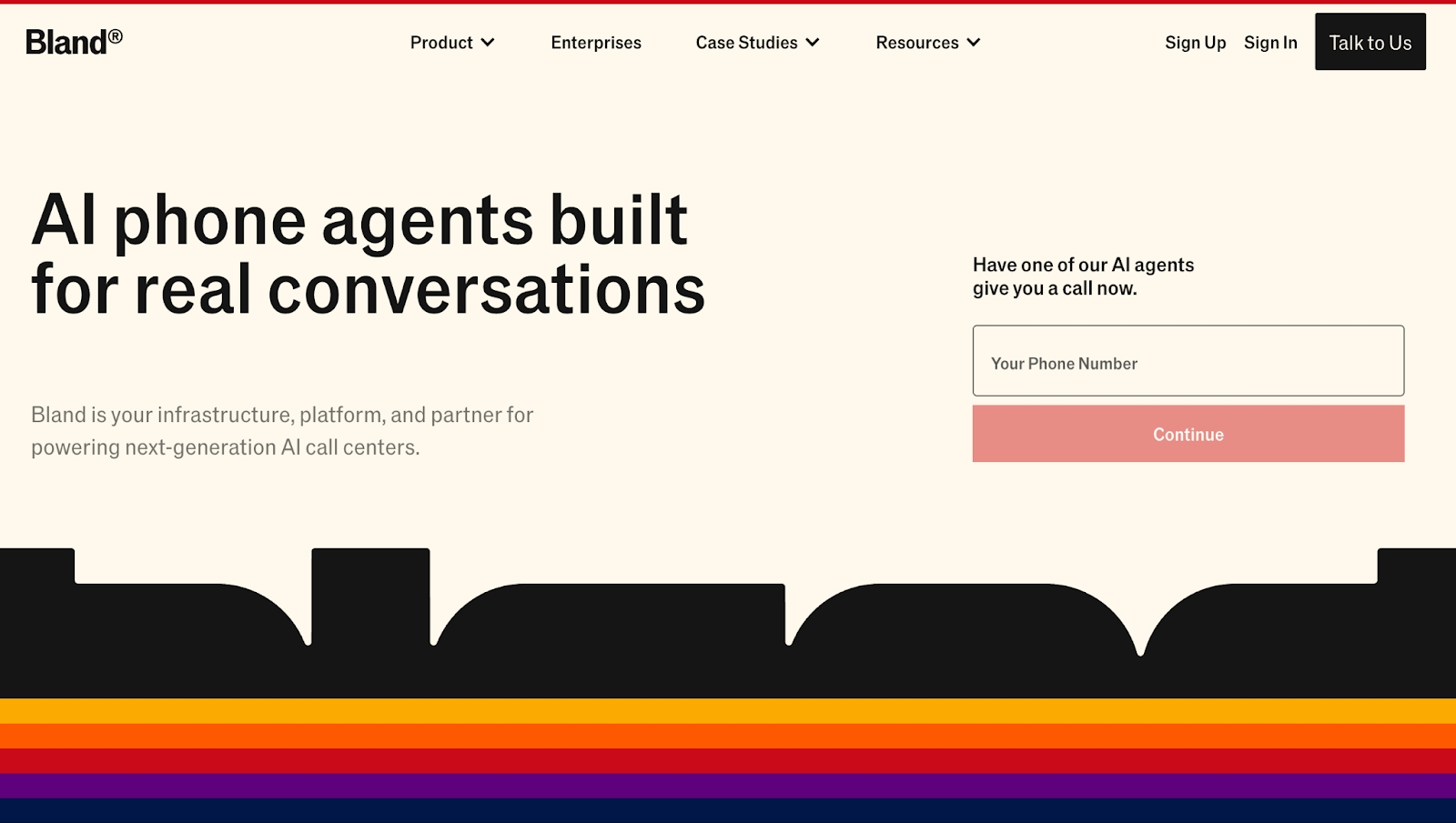 Bland AI homepage screenshot showing voice-first phone automation for high-volume calls, support workflows, and real-time conversations.