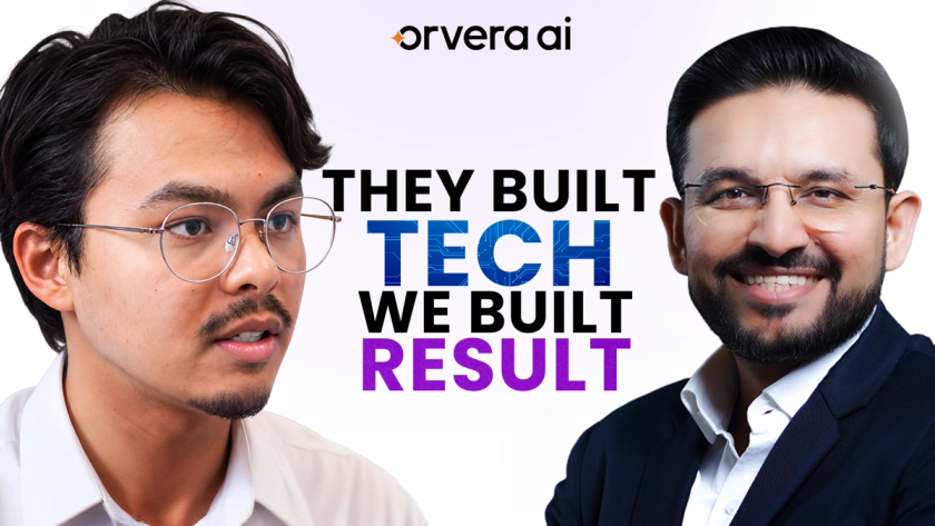 Podcast thumbnail with the host on the left and Orvera AI CEO Ali Merchant on the right, under the Orvera AI logo and the headline "They built tech, we built result."