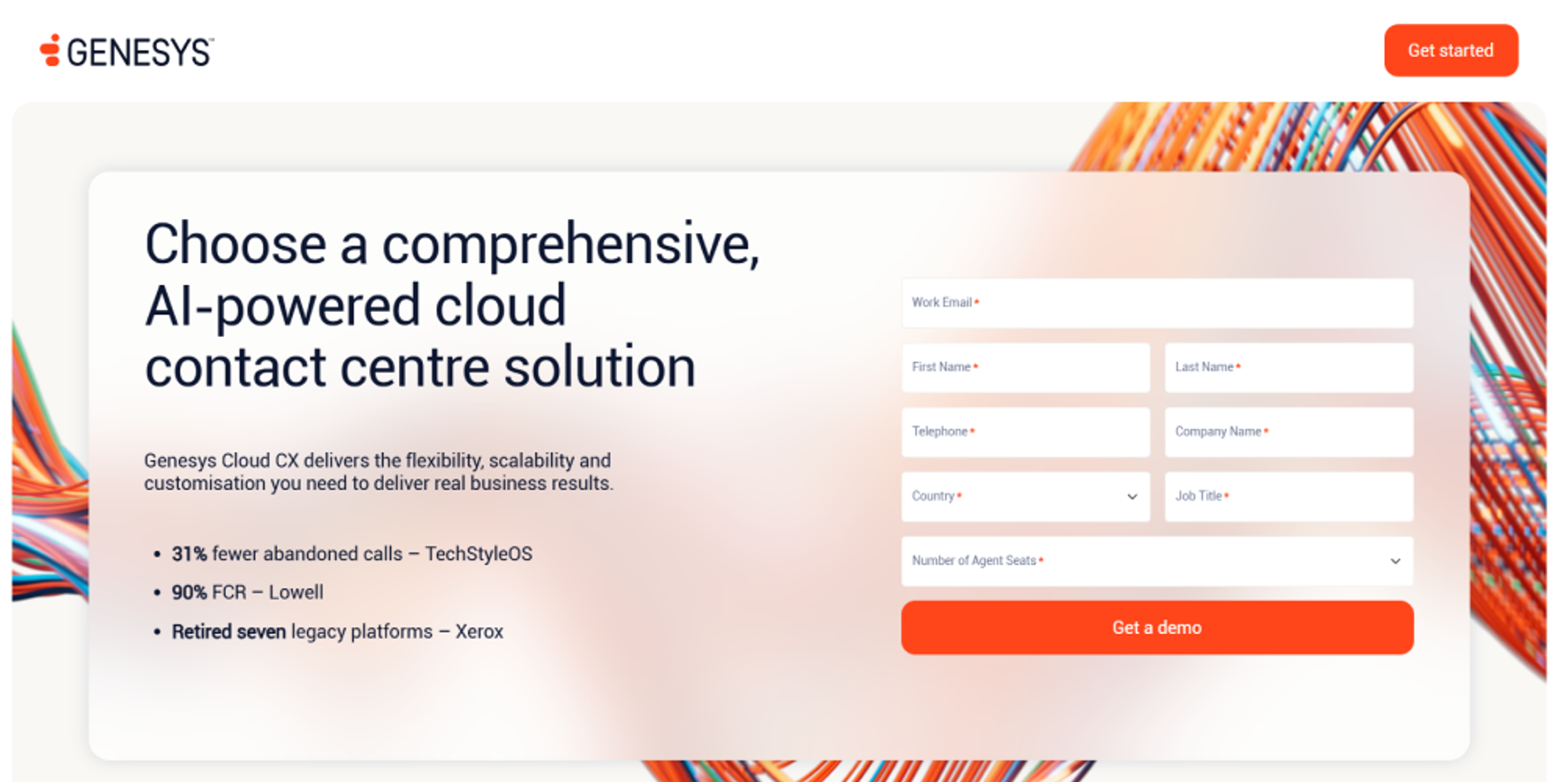 Genesys Cloud CX homepage featuring cloud contact center software, enterprise CX capabilities, and a demo request form.