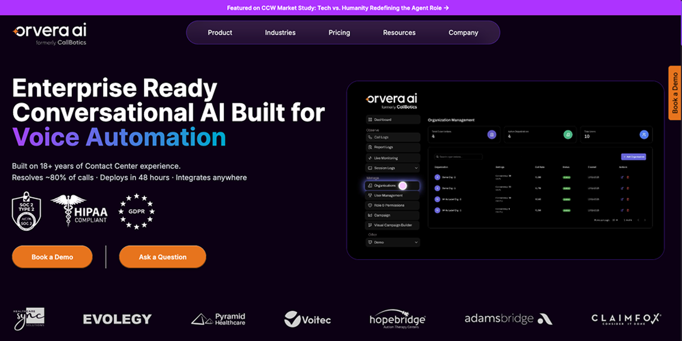 Orvera homepage image showing enterprise-ready voice automation, dashboard visibility, compliance badges, and demo CTAs.