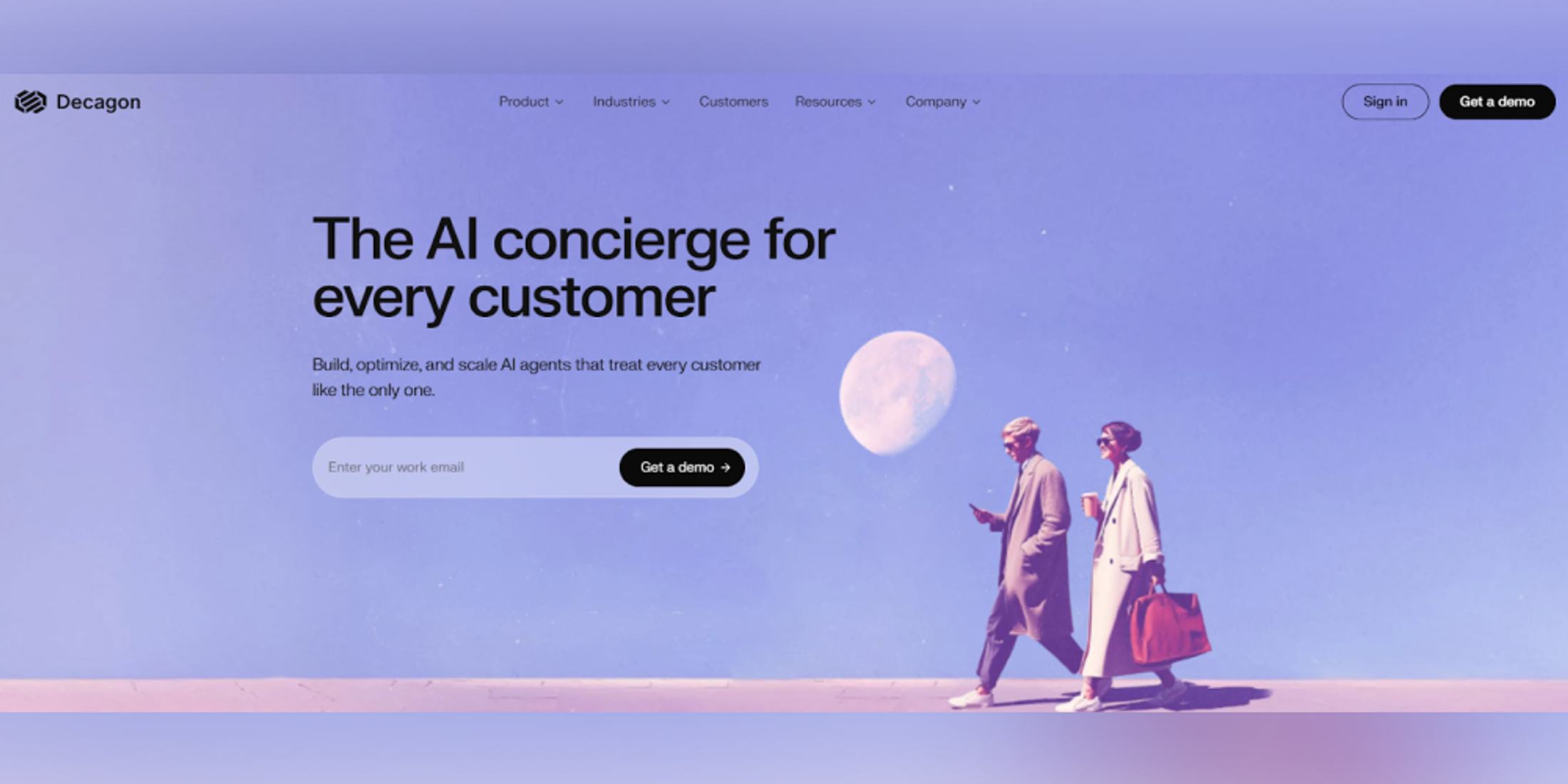 Decagon AI homepage screenshot showing enterprise conversational AI agents for digital support, workflow automation, and resolution.