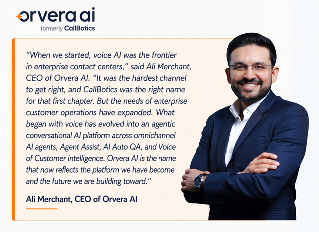 Orvera AI rebrand announcement highlighting its agentic conversational AI platform for enterprise contact centers across voice, chat, email, Agent Assist, and AI Auto QA.