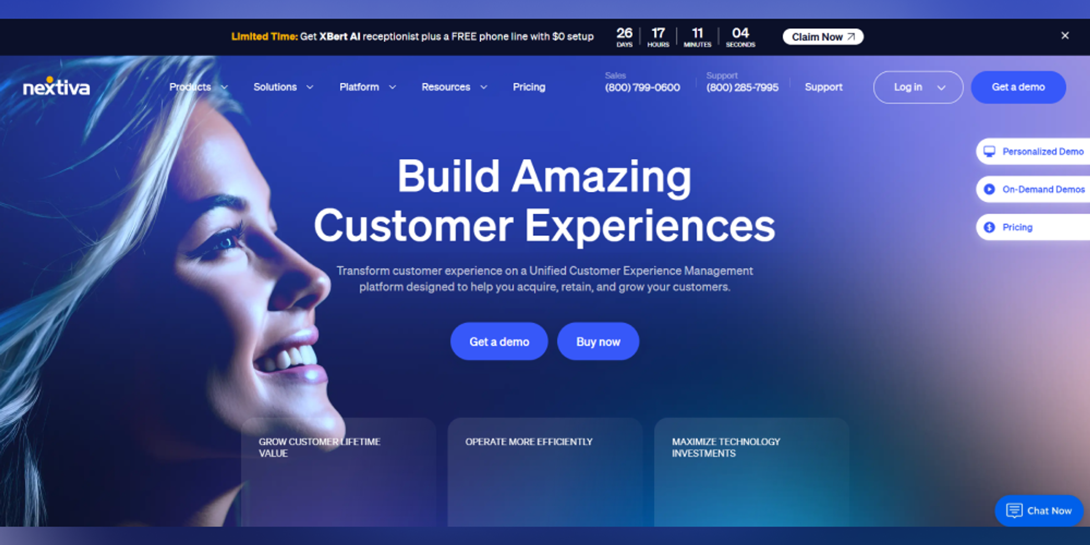 Nextiva homepage showing unified customer experience platform messaging, demo CTAs, support options, and customer growth themes.