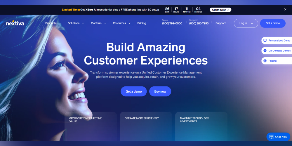 Nextiva homepage showing unified customer experience platform messaging, demo CTAs, support options, and customer growth themes.