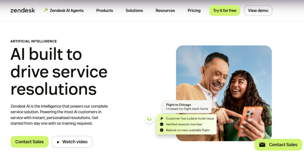 Zendesk homepage screenshot showing AI-powered service automation, ticket triage, response suggestions, and helpdesk workflows.