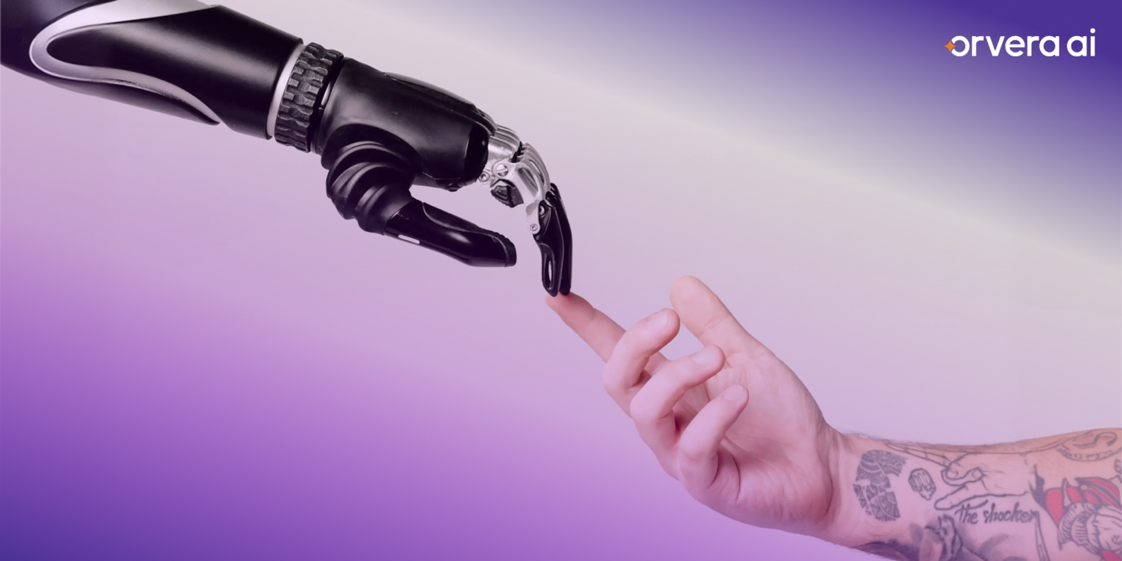 Concept image of a robotic hand touching a human finger, representing AI and human collaboration in modern call center operations and customer support.
