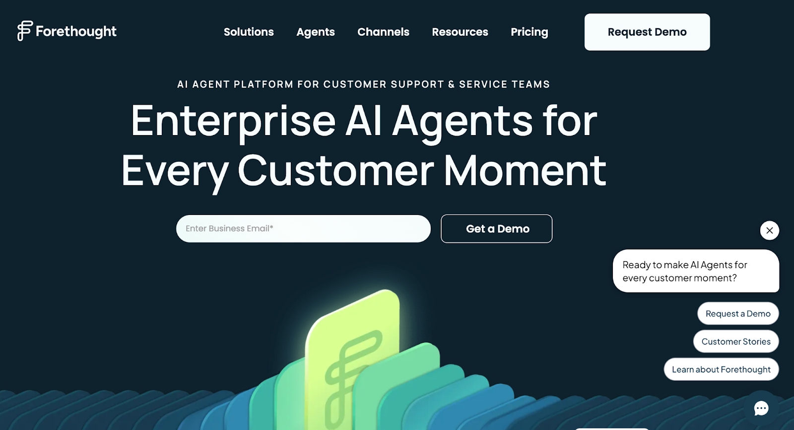 Forethought homepage screenshot showing AI ticket resolution, agent assist, support workflow insights, and hybrid automation for teams.