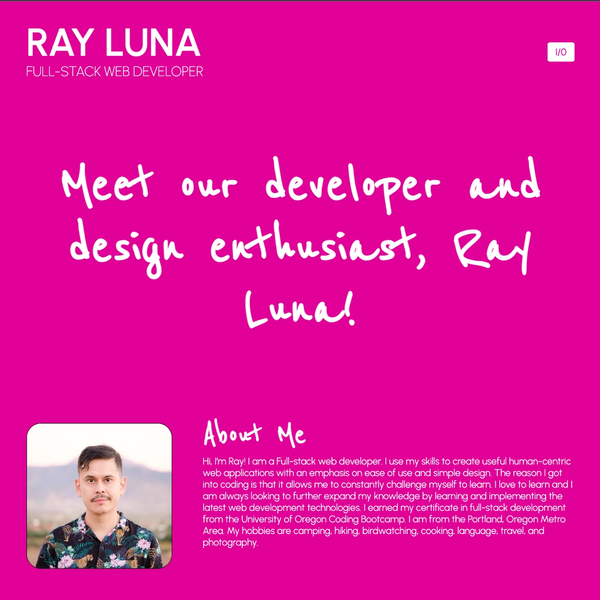Vanilla.js portfolio home page. It has a header with the site name, hero with greeting and an about seciton with a profile image and bio.