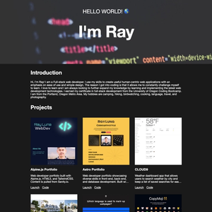 Prework portfolio home page. It has a header with a greeting, an intro section and list of projects in a 3 by 3 grid. The colors are in dark mode.